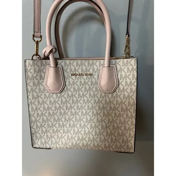 Michael Kors Small Tote Crossbody Bag Signature MK Vanilla Pink Leather Handles - Picture 2 of 6